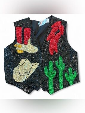 JC USA Vintage Sequins Beaded Cowgirl Rodeo Western Country Snap Button Vest Top